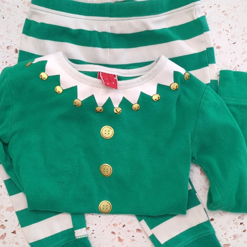 Christmas Elf Pajama Set Cotton Knit Green Stripe Gold Metallic Detail | 6
